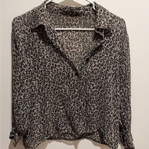 Sheer Leopard Print Button-Up Blouse